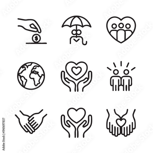 People are showing care and support for each other under an umbrella, surrounded by hearts and hands, symbolizing love and charity for the globe and humanity.
