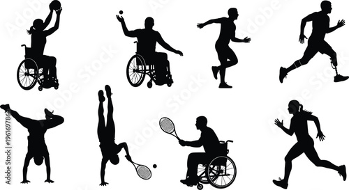 Inclusive sports silhouettes, wheelchair basketball, tennis, prosthetic running, adaptive athletes, disability empowerment, diverse physical activities, vector illustration, accessibility