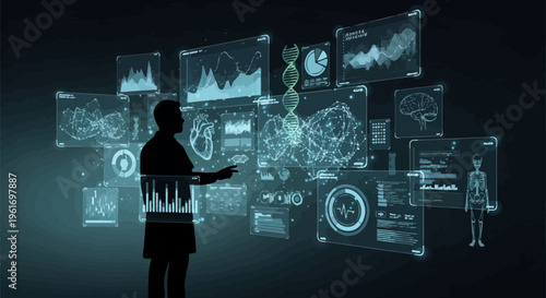 Businessman interacts with futuristic digital interface screens displaying graphs and data