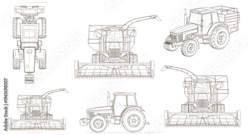 Four Wheel Tractor and Harvester AutoCAD Blueprint Vector – Farm Machinery Multiview Technical Drawing Brown Outline