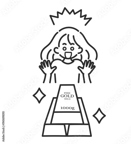 目の前のゴールドバーに幸せな表情の女性のイラスト　線画のみ