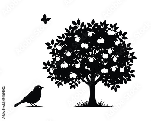 Vector of a tree filled with apples accompanied by a butterfly and a bird