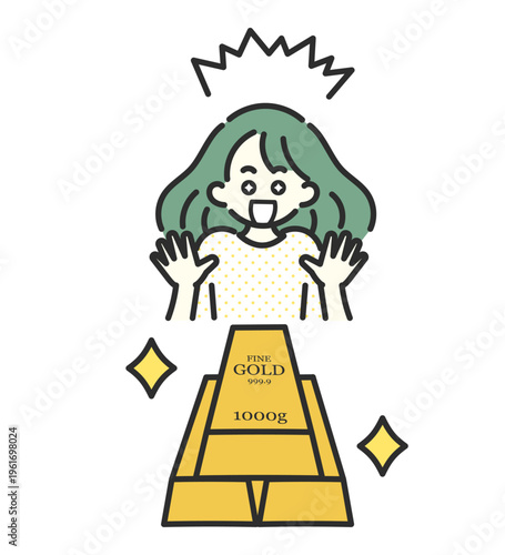 目の前のゴールドバーに幸せな表情の女性のイラスト