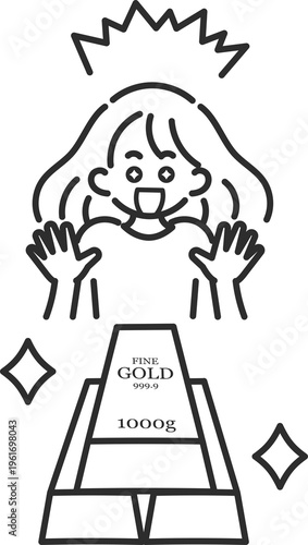 目の前のゴールドバーに幸せな表情の女性のイラスト　線画のみ