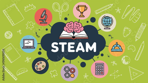 A colorful educational illustration featuring STEAM concepts with various objects and symbols
