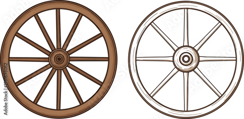 Wooden wagon wheel set with classic spoke designs, vintage rustic transport vector illustration isolated for western, historical, and countryside themed projects