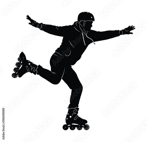 Vector silhouette of a person rollerblading dynamically with outstretched arms and wearing protective gear