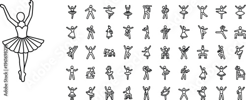 Minimal line ballet dancer icons set, dancing people pictograms, performance poses collection, outline stick figures, choreography symbols, black vector illustration