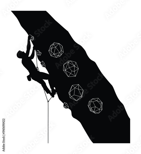 Vector of a rock climber scaling a steep mountain with geometric shapes in the background.