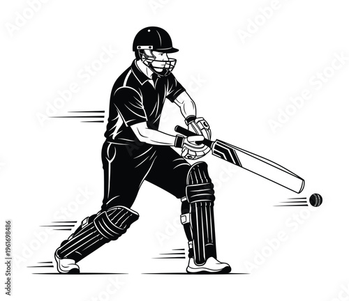 Vector of a cricket batsman in action swinging a bat towards a cricket ball