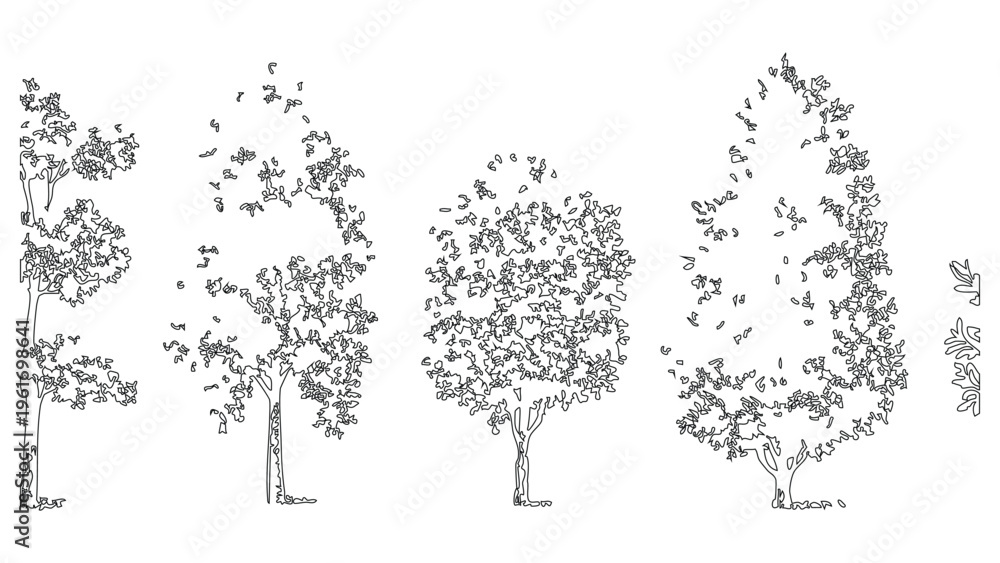 Fototapeta premium Set of deciduous tree silhouettes for landscape design and architectural project rendering.