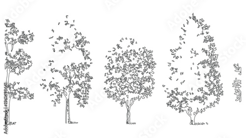Set of deciduous tree silhouettes for landscape design and architectural project rendering.