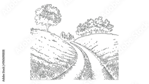 Green field nature landscape with trees and plants rural scene sketch drawing style.