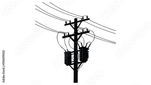 Power transmission lines and telephone pole vector silhouette isolated on transparent background.