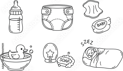 Hand-Drawn Baby Care Doodle Icons Set with Diapers, Bottle, Soap, Duck, and Sleeping Baby Illustrations