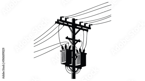 Power transmission lines and telephone pole vector silhouette isolated on transparent background.