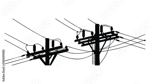 Silhouette electricity poles with wires and insulators on transparent background.