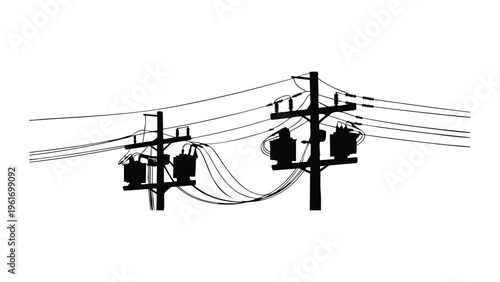 Power transmission lines and telephone poles vector silhouette isolated on transparent background.