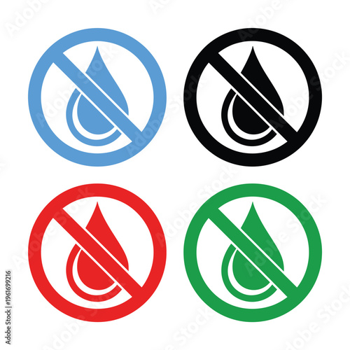 No waterproof flat vector warning signs set, prohibition symbols indicating not water resistant or keep dry, clean flat design for safety labels