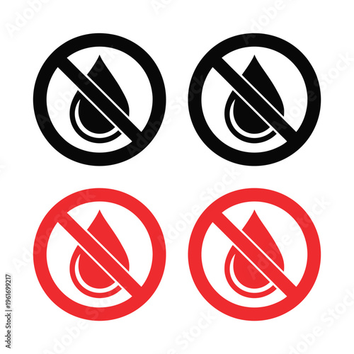 No waterproof warning signs set, flat vector icons with water drop and prohibition symbols representing water restriction and keep dry instructions