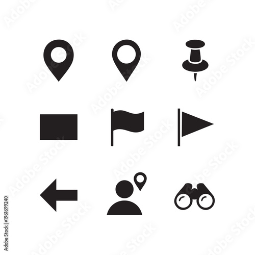 A collection of navigation icons featuring map markers, flags, and directional symbols on a plain surface for travel and orientation purposes.