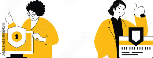 Two professionals approving digital security and data protection measures on their laptops happily