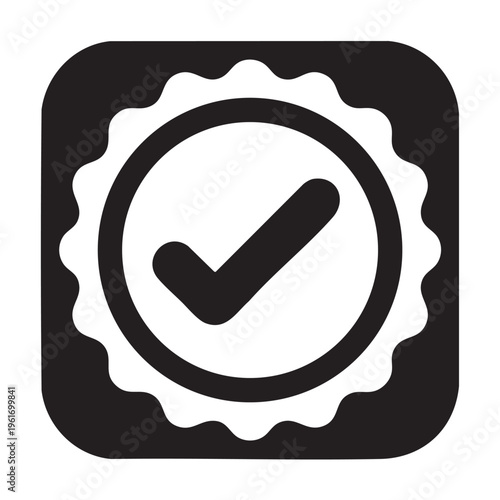 A checkmark icon appears within a circular shape on a square background with a wavy edge.