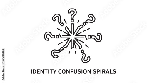Minimalist identity confusion spiral icon featuring abstract question marks radiating in circular motion, symbolizing uncertainty, decision anxiety, mental chaos, and cognitive overload in clean l