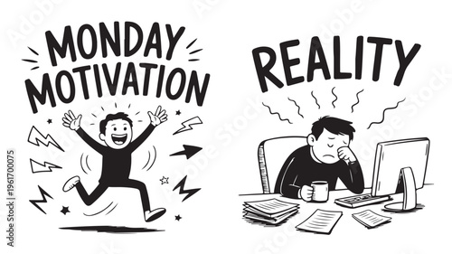 Monday Motivation Vs Reality Funny Office Cartoon For Work Concepts