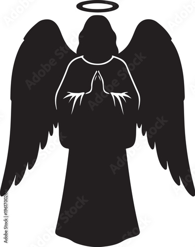 Black silhouette of angel with halo and praying hands