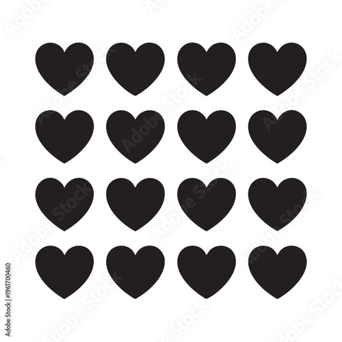 A collection of black heart shapes arranged in four rows on a plain white background for design and illustration purposes with hearts being the main focus and key visual element.