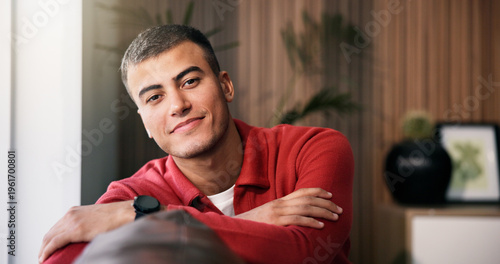 Fotografija Wellness, portrait and man on sofa with pride, positive attitude or chill on weekend break