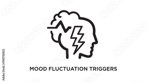 Minimalist mental health concept illustration showing human head with lightning bolt and ECG line symbolizing mood fluctuation triggers, emotional instability, stress response, anxiety and psychologic