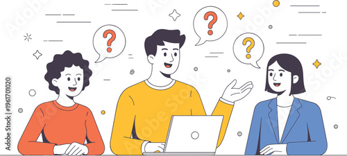 Flat vector illustration of a diverse business team brainstorming and solving problems with question mark speech bubbles on laptop.
