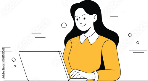 Flat vector illustration of a happy young woman working on a laptop computer for remote business or education.