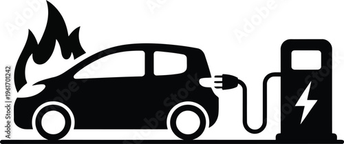A stark black silhouette of an electric car charging while flames erupt from its front hood