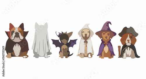 Halloween dog breeds watercolor lineup with cute pets in costume characters for seasonal design isolated on white