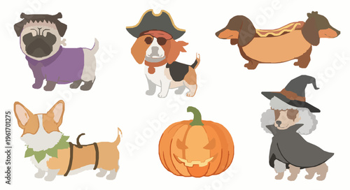 Adorable Halloween dogs watercolor clipart set with cute breeds in funny costumes isolated on white background