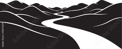Serene black and white landscape with winding river path