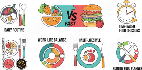Healthy vs Fast Food and Lifestyle Routine Icon Set with Daily Diet, Time Based Decisions, Work Life Balance and Meal Planning Concepts