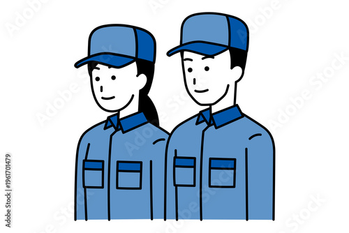 まっすぐ前を向いているつなぎ作業服の男女