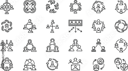 Business Teamwork and Communication Icon Set with People Network Collaboration Meeting Hierarchy and Leadership Outline Vector Collection