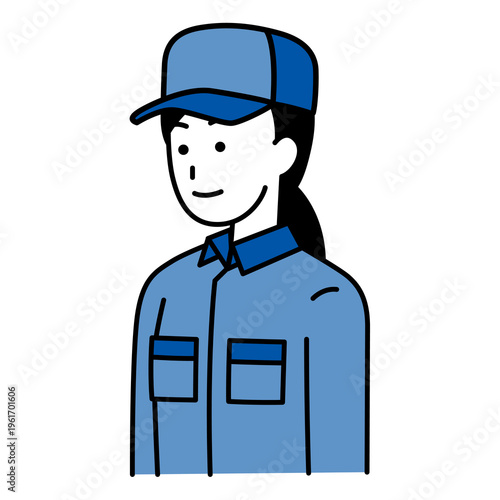 まっすぐ前を向いているつなぎ作業服の女性