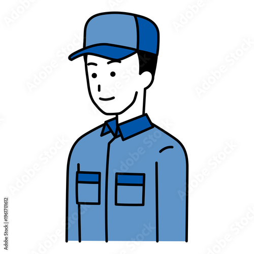 まっすぐ前を向いているつなぎ作業服の男性