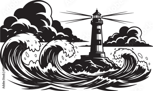 Dramatic Lighthouse Standing Against Stormy Sea Waves and Clouds