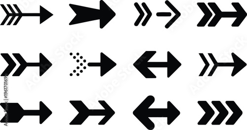 A varied compilation of twelve black arrow icons on a plain white background surface