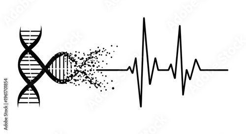 Dna double helix disintegrating into particles connected to an electrocardiogram