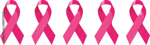 Pink ribbon collection symbolizing breast cancer awareness, charity support campaign, healthcare hope concept, multiple ribbon variations, clean vector illustration