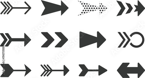A varied collection of black arrow icons offers clear directional cues for navigation and user interface elements