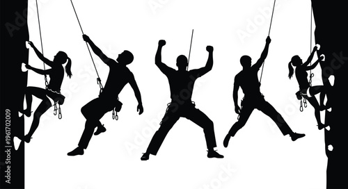 Rock climbing silhouettes showing rappelling ascent and victory poses, male and female climbers with safety ropes, extreme outdoor adventure sport vector illustration set